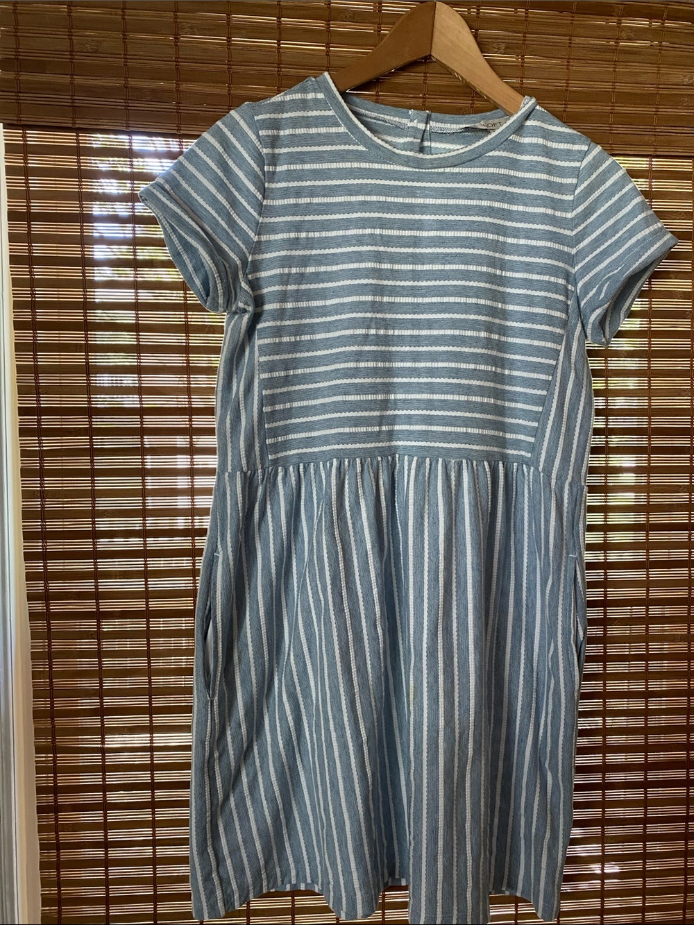 LOFT Light Blue and White Striped Short Sleeve Dress with pockets